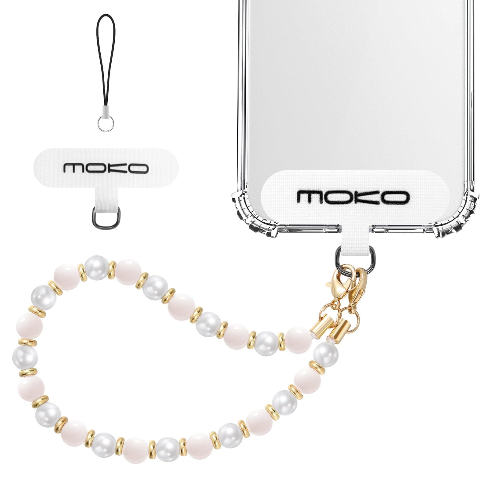 📱 MoKo Handykette Universal - Perlen Handy Handgelenk-Trageband mit Lanyard-Patch - Rosa Weiß