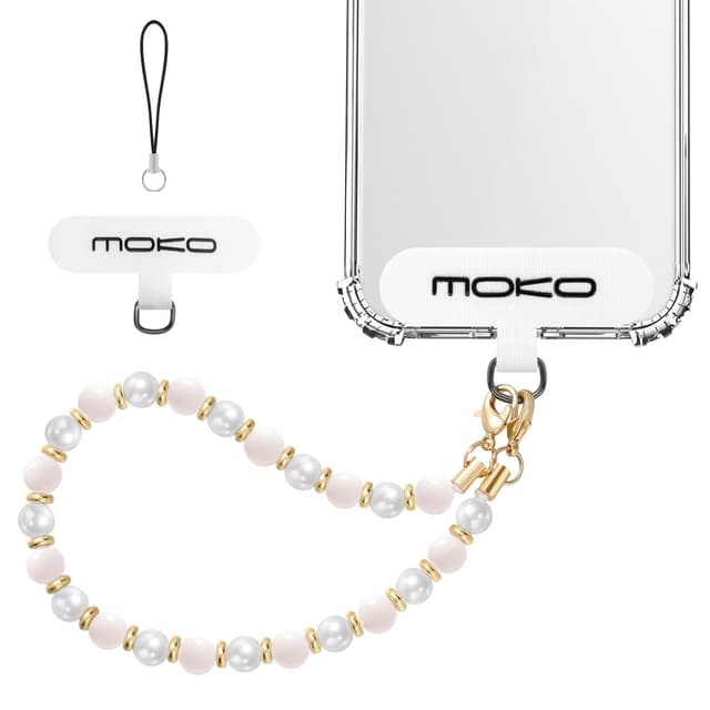 📱 MoKo Handykette Universal - Perlen Handy Handgelenk-Trageband mit Lanyard-Patch - Rosa Weiß