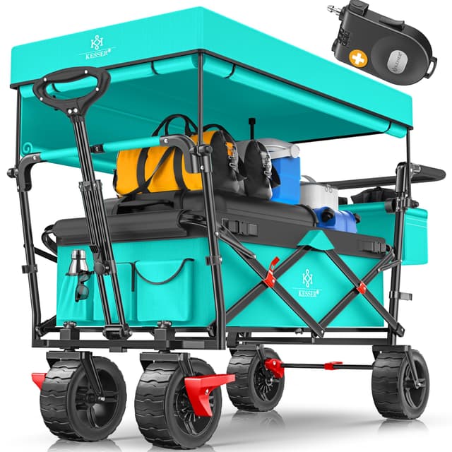 KESSER® Bollerwagen faltbar GT9000 Handwagen mit Dach | Transportwagen max. belastbar bis 150kg mit Hartgummi-Räder & Feststellbremsen (Vorne & Hinten) | Inkl. Schloss, Abdeckung, Wetter & Sichtschutz Mint Grün 🌞🎉