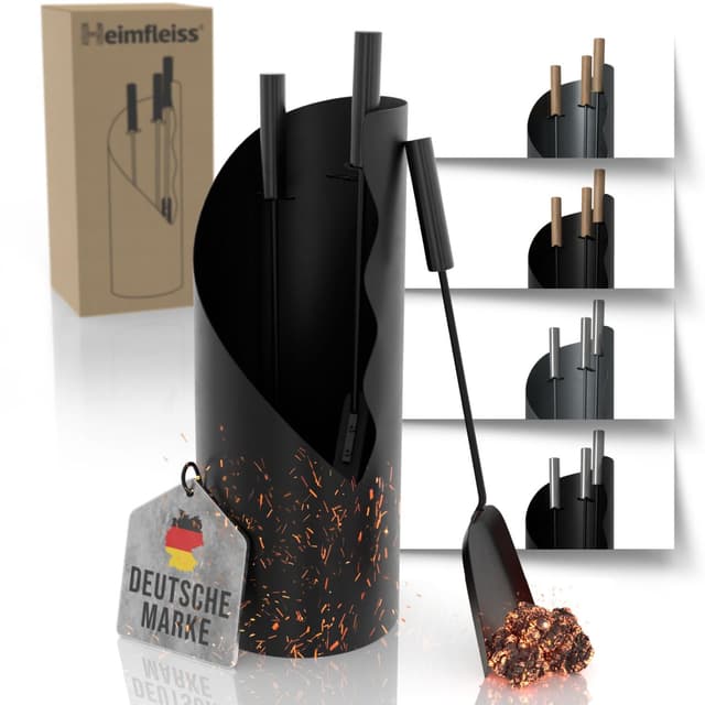 Heimfleiss® Kaminbesteck Schwarz Modern | Ofenbesteck Kaminbesteck mit schwarzen Edelstahl Griffen