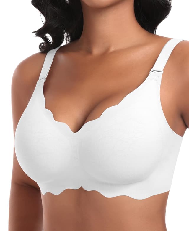 Ganado Damen Nahtloser BH Ohne Bügel Tiefem V-Ausschnitt gewellte Ränder Bequemer BH Bralette Soft BHS Bügellos Bustier Bra Weiß-doppel Vorderwelle L