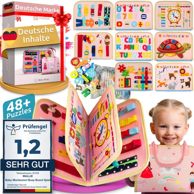Mallie® Busy Board Deutsch inkl. Gratis Reisetasche & Montessori Buch