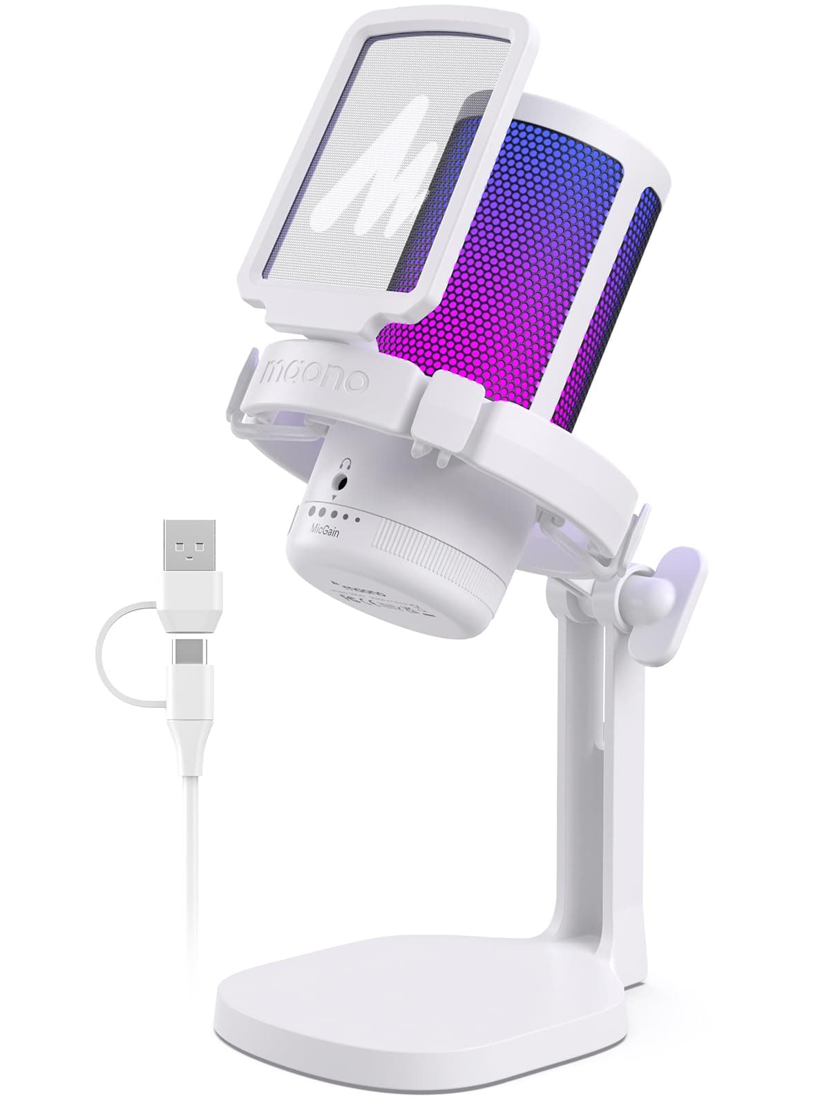 MAONO Gaming Mikrofon für PC mit RGB Licht | Geräuschunterdrückendes USB Mikrofon für Gaming, Streaming, Podcast | DGM20 Weiß