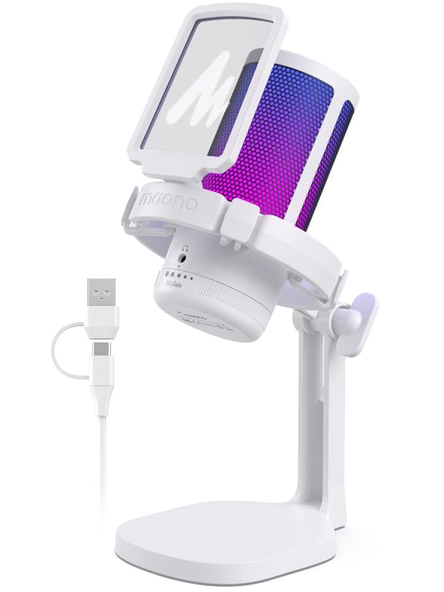 MAONO Gaming Mikrofon für PC mit RGB Licht | Geräuschunterdrückendes USB Mikrofon für Gaming, Streaming, Podcast | DGM20 Weiß