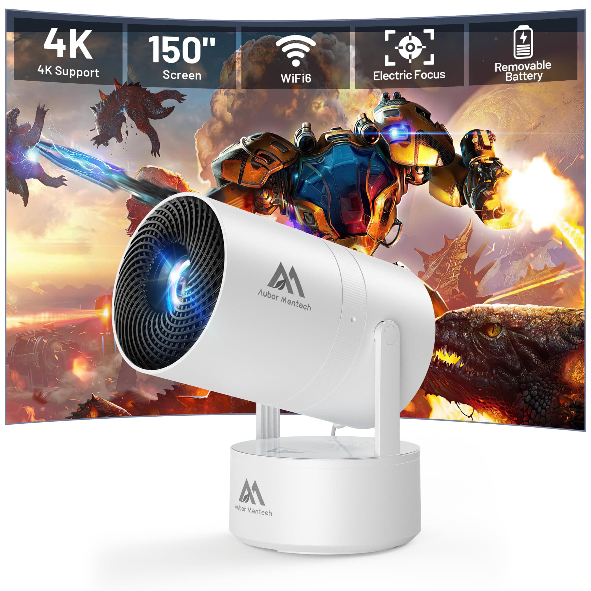 🎥🔋 Aubor Mentech Mini Beamer 4K Heimkino mit Akku - 150-Zoll-Display - WiFi/Bluetooth