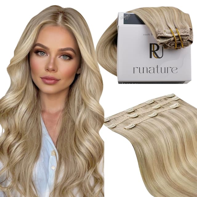 RUNATURE Extensions Echthaar Clip Blond Hervorheben Lang Clip in Extensions Echthaar 50cm 3Pcs Echthaar Extensions Clip Goldblond Mit Hellblond Menschliches Haar 50g #16P22 50cm-3pcs NEU