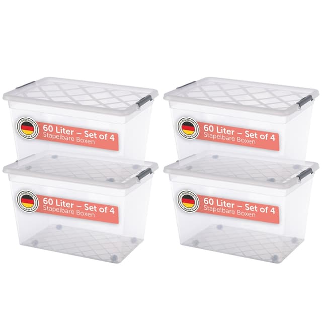 Blumtal Aufbewahrungsbox mit Deckel 60L aus Kunststoff - Lagerboxen 4er Set 60 Liter 4er Set