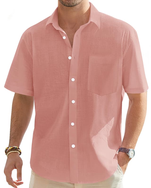 👔 J.VER Leinenhemd Herren Hemd Kurzarm Leinenshirt Freizeithemd Businesshemd Sommer Casual Regular Fit Shirt Orange Rosa 👔