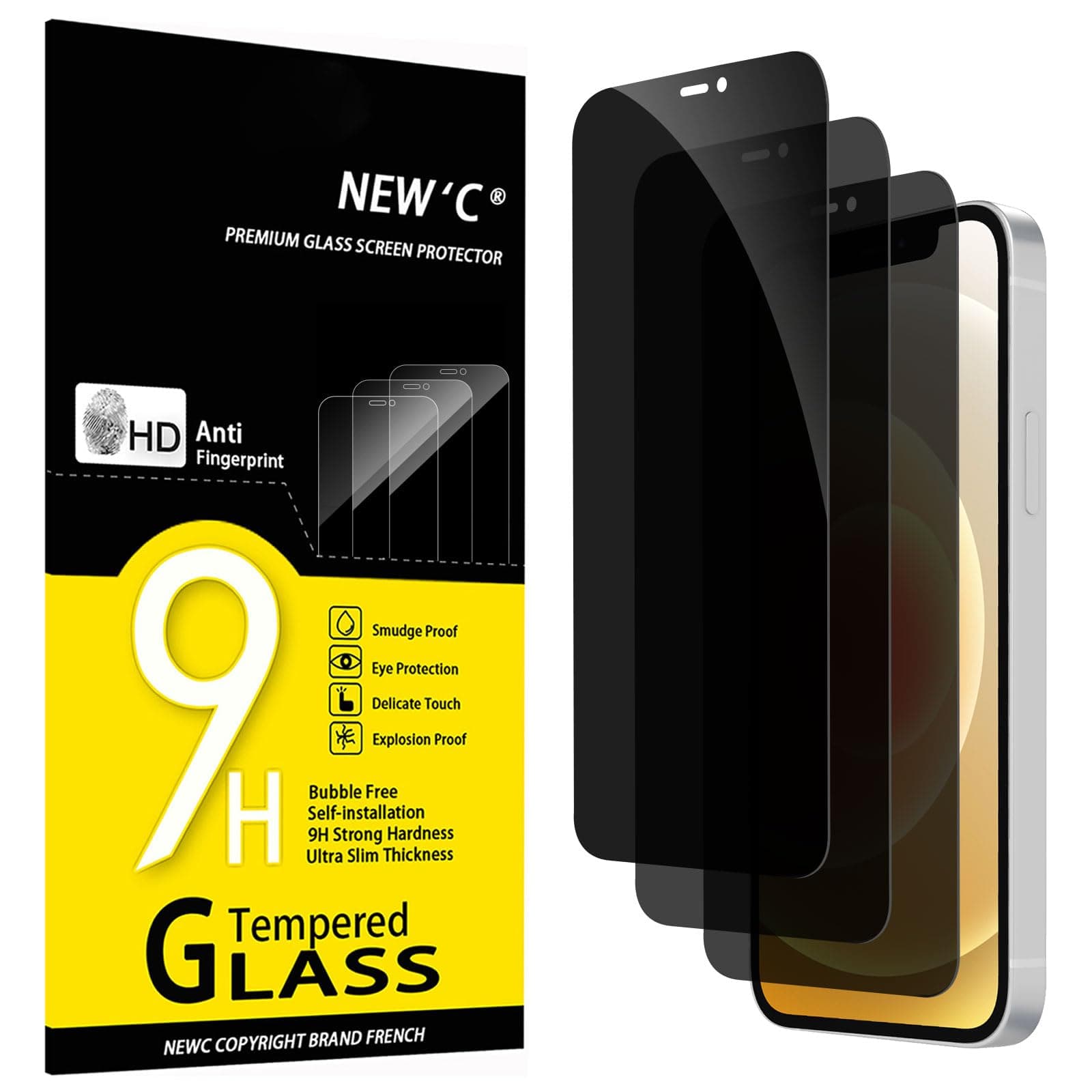 📱🔒 NEW'C 3 Stück Sichtschutz für iPhone 12, iPhone 12 Pro Panzerglas 6,1 Zoll Schwarz 🖤