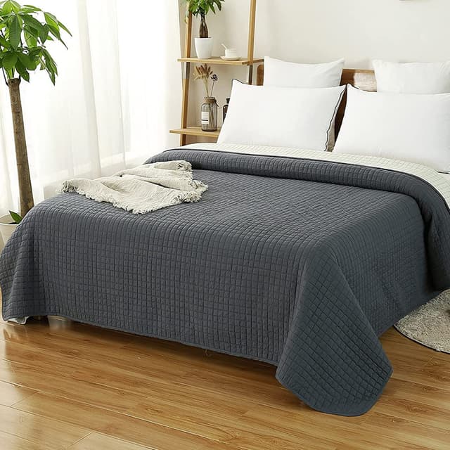 Laneetal Tagesdecke Steppdecke Bettüberwurf Patchwork Flanelle Wendedesign Kariert, Dunkelgrau-Crème Patchwork 220x240 cm