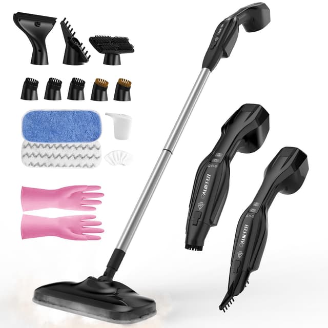 Dampfreiniger, Mehrzweck Dampfbesen Steam Mop mit 2 Grob/Mikrofaser-Pads 17 Zubehörteilen, 2 Dampfstufen, Aufheizzeit 30S, Drehbarer, Abnehmbar, Desinfiziert und Entfernt Schmutz, Ideal für alle Böden Schwarz