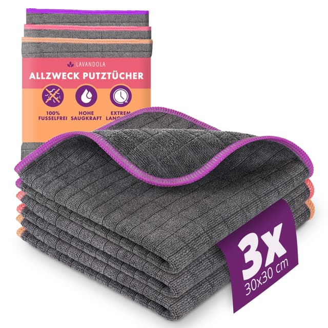 🧼 Lavandola® 3X Mikrofasertücher - 30x30cm - fusselfreie Reinigung für Haushalt, Küche und Bad 🧽