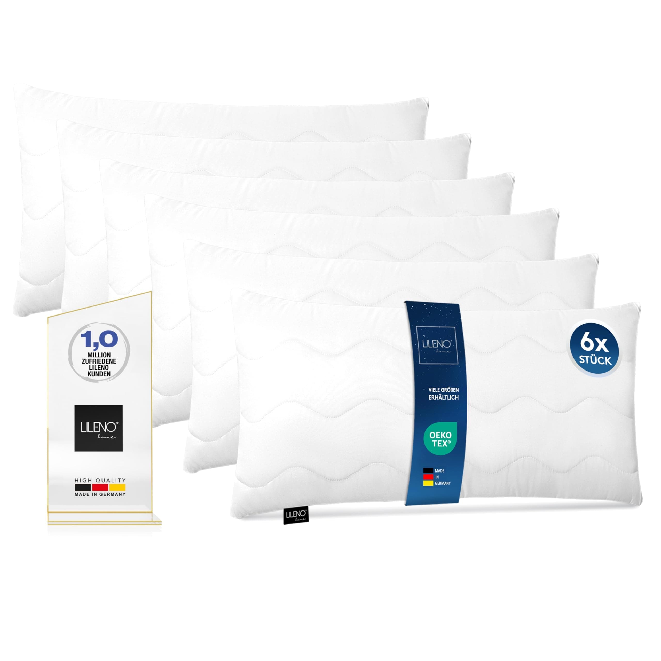 LILENO HOME Kopfkissen 40x80 cm [6er Set] HART mit 650g Kissen-Füllung - Deluxe Set