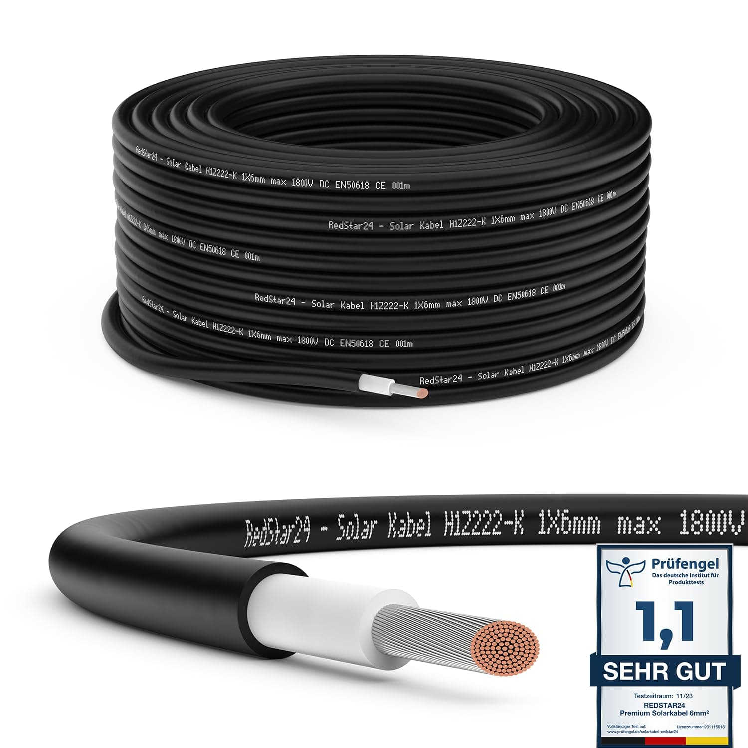 RedStar24 Premium Solarkabel 6mm² Schwarz - 10m - TÜV SÜD geprüft - UV-beständig, flexibel, Photovoltaik Kabel