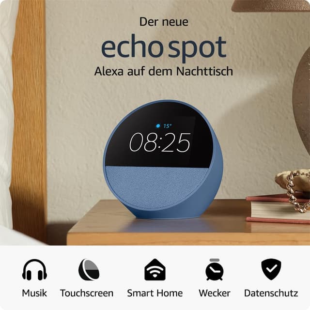 🕒🔊 Zertifiziert und generalüberholt Amazon Echo Spot (2024), smarter Wecker mit sattem Klang und Alexa, Blau 🟦