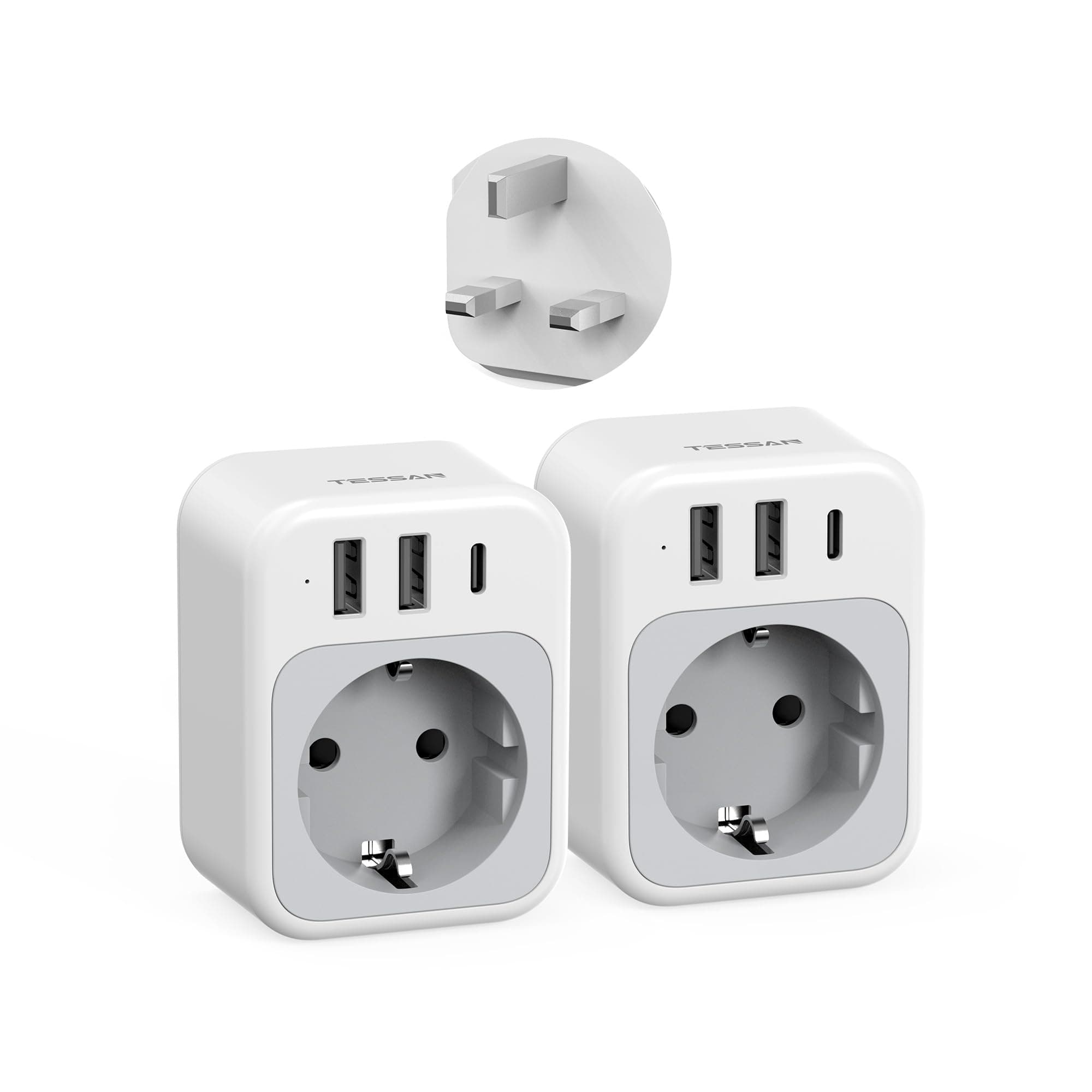🔌🌍 TESSAN 2er Pack UK Adapter England Deutschland Stecker, 4 in 1 Steckdosenadapter England mit USB C und 2 USB A