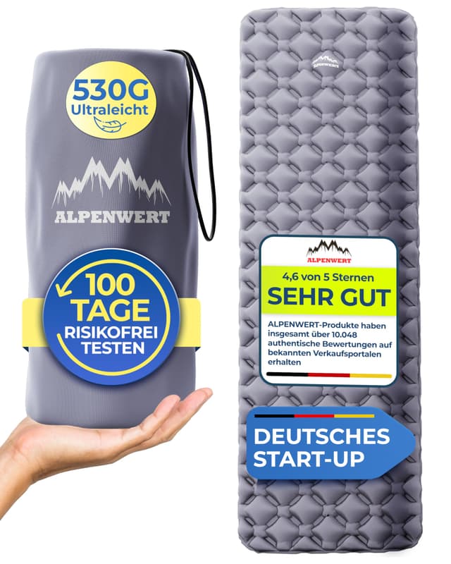 ALPENWERT® Isomatte Outdoor - Luftmatratze für Camping, Wandern, Backpacking UVM. - Grau