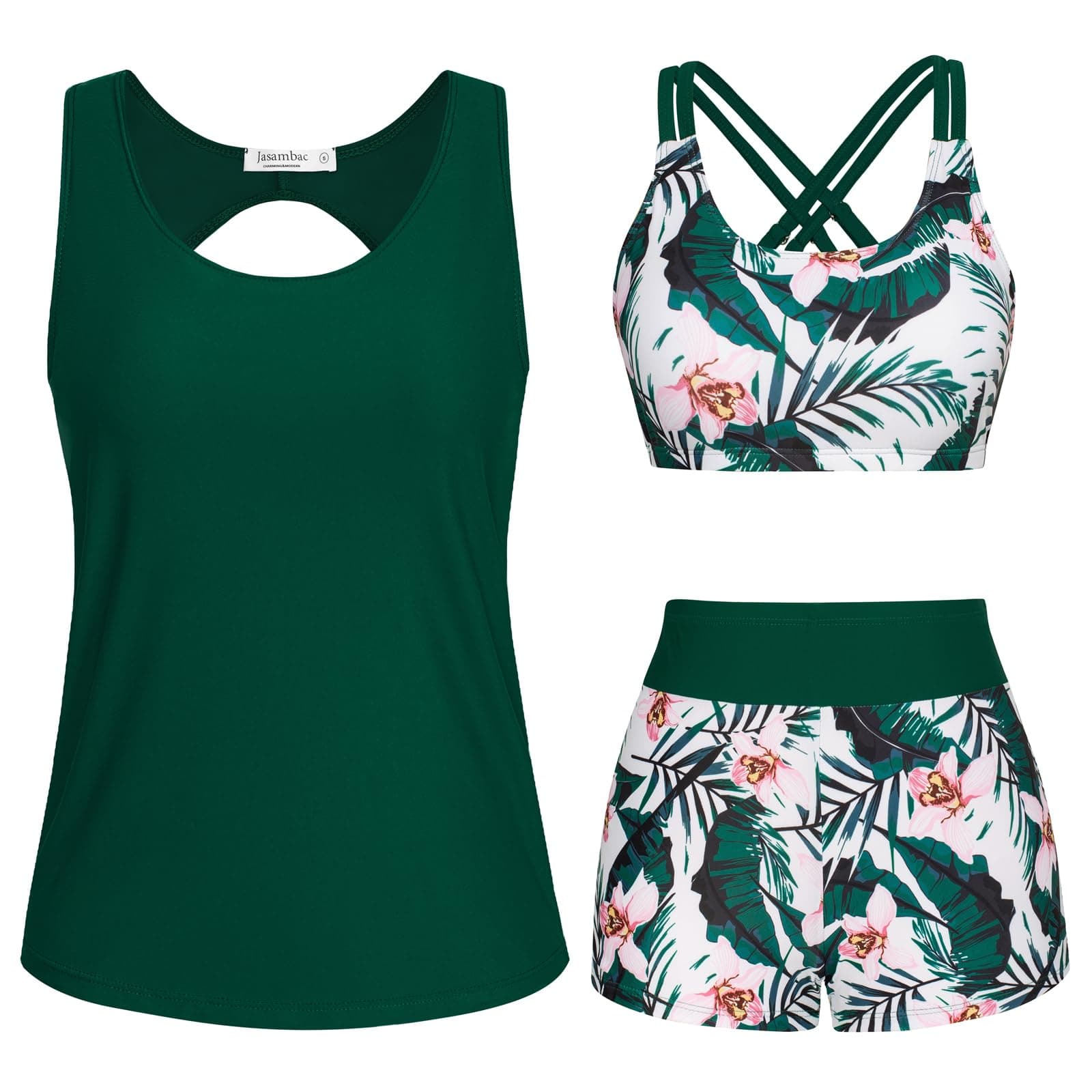 🌴 JASAMBAC 3-teiliger Tankini Damen Bauchweg, Push-up-Bikinioberteil und High Waist Badeshorts 🩱🏖️
