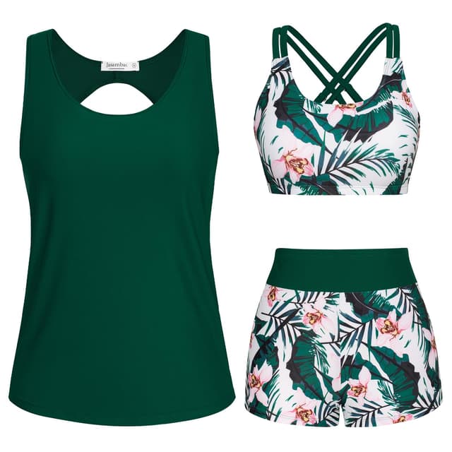 🌴 JASAMBAC 3-teiliger Tankini Damen Bauchweg, Push-up-Bikinioberteil und High Waist Badeshorts 🩱🏖️