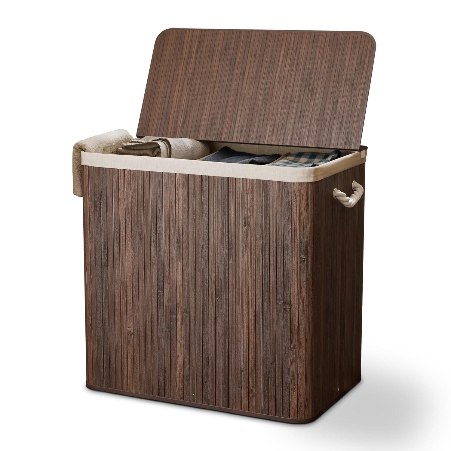 Juskys Bambus Wäschekorb Curly Braun 150L 🧺 - Hygienischer Wäschekorb mit Deckel, Tragegriff & Wäschesack - 3 Fächer - Natürliche Bambus Optik