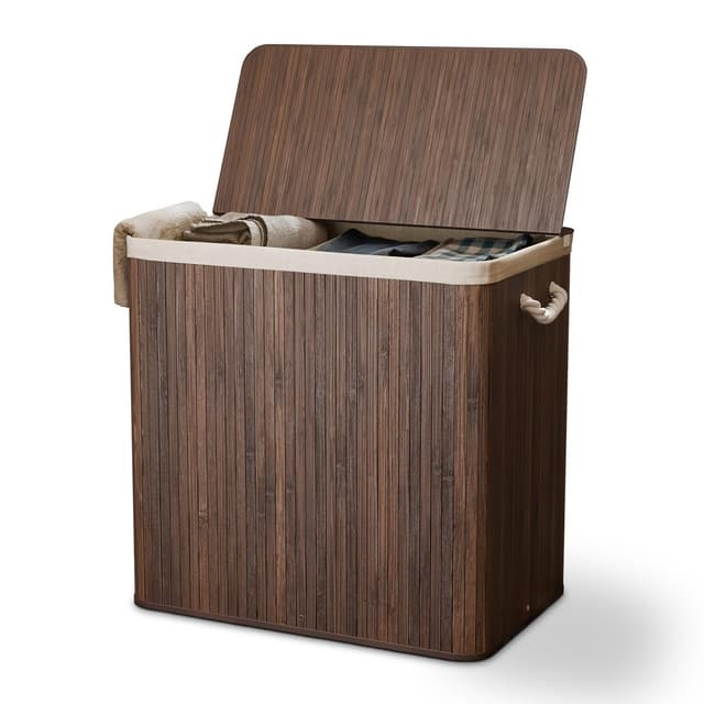 Juskys Bambus Wäschekorb Curly Braun 150L 🧺 - Hygienischer Wäschekorb mit Deckel, Tragegriff & Wäschesack - 3 Fächer - Natürliche Bambus Optik