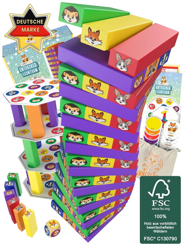 SINNESFUCHS® Wackelturm Holz - FSC® 100% - Holzspielzeug ab 3 Jahre 🌈🧩