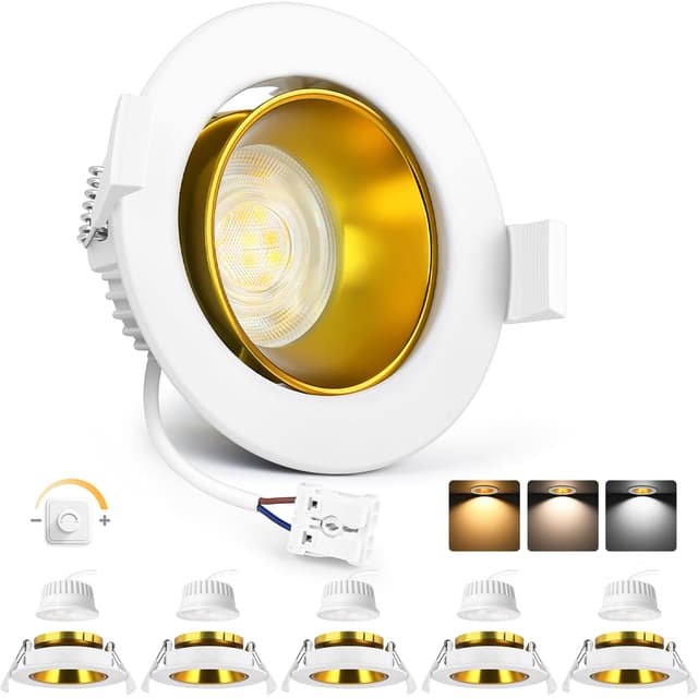 YindaLux 6x LED Einbaustrahler 230V Dimmbar 5W Einbauspots Schwenkbar 3000K/4000K/6500K LED Spot 75-80mm Lochmass Deckenspots IP44 Einbauleuchten Weiß Gold matt Alu für Badezimmer Wohnzimmer Weiß Gold 6 Stück-38°/120°Abstrahlwinkel