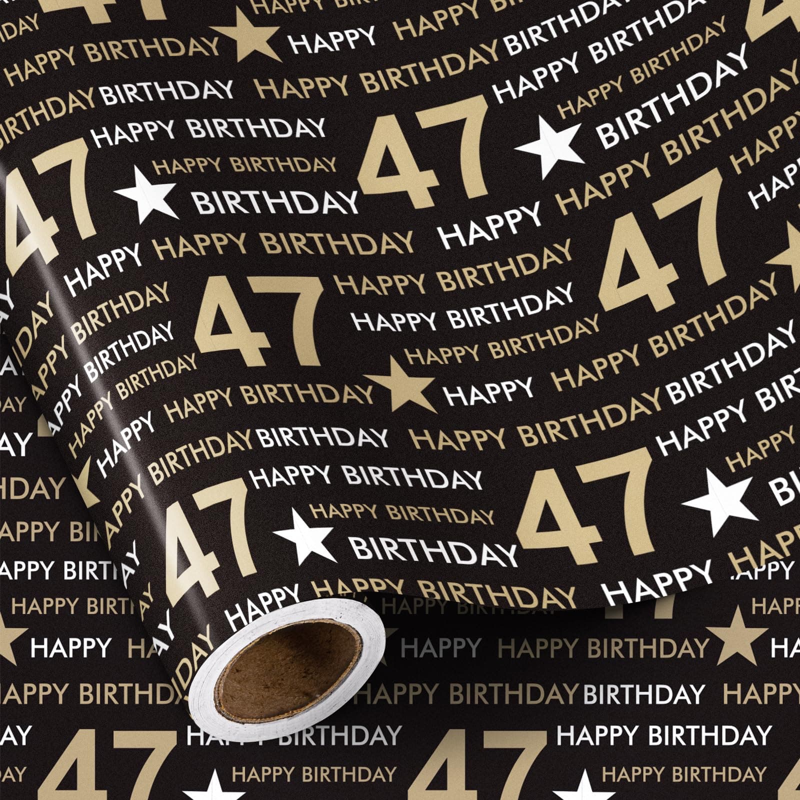 🎉 RUSPEPA Geburtstags-Geschenkpapierrolle für Männer Frauen - Mini Rolle - 47 Happy Birthday Geschenkpapier, Schwarz und Gold Stern Geschenkpapier für 47. Geburtstag - 43,2cm x 5m 🎁