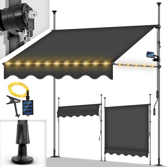 🌞 tillvex Klemmmarkise mit Handkurbel Balkon | Balkonmarkise ohne Bohren | Markise UV-beständig & höhenverstellbar | Sonnenschutz wasserdicht (Anthrazit mit LED, 350cm) 350cm Anthrazit mit LED 🏡