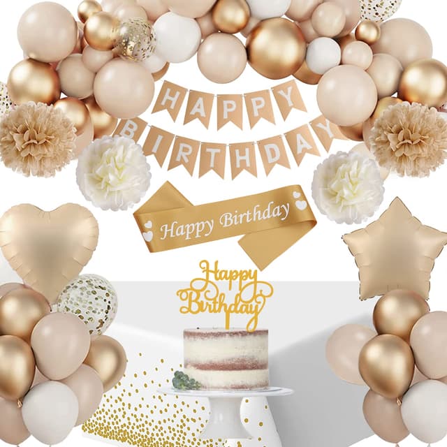 Geburtstagsdeko Mädchen Frauen 🎉 Beige Gold | Party Dekoration Set