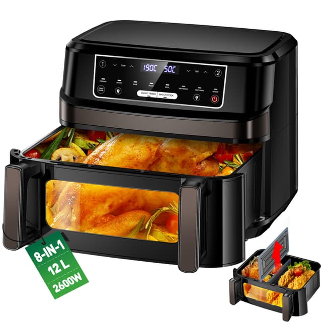 Heißluftfritteuse 2 Kammern | 12L Airfryer Doppelkammer Einkammer Verstellbar 🍟🔥