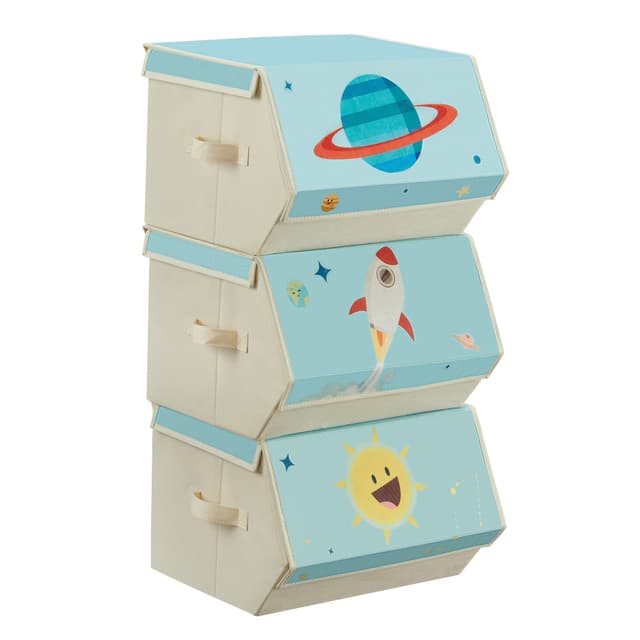 🚀 SONGMICS Aufbewahrungsbox Kinder, 3er Set, Faltboxen, Spielzeugkiste mit Deckel, Weltraummotive, blau RLB700Q01