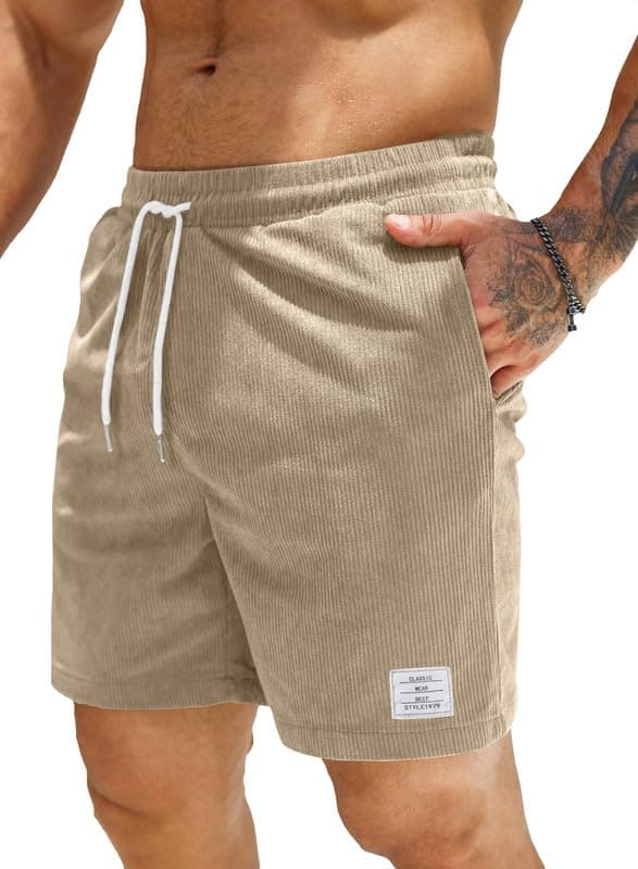 JMIERR Corduroy Shorts Herren Sommer Freizeit Leinen Stretch Baumwolle Elastische Taille mit Taschen L A Beige 🩳🌞
