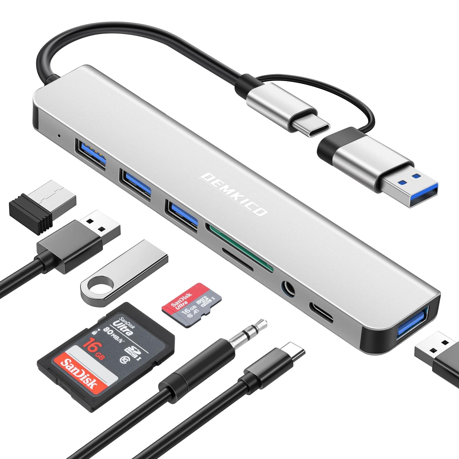 DEMKICO 8 in 1 USB-Hub, USB C Adapter mit 4 USB-Anschlüssen, SD/TF-Kartenleser, 3,5 mm Audio, USB-C-Datenanschluss (Silbern) 🚀