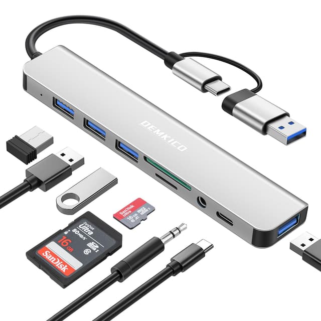 DEMKICO 8 in 1 USB-Hub, USB C Adapter mit 4 USB-Anschlüssen, SD/TF-Kartenleser, 3,5 mm Audio, USB-C-Datenanschluss (Silbern) 🚀