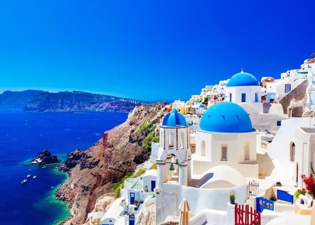 CORFOTO Stoff 2,1 x 1,5 m Stadt-Hintergrund Fotografie Griechenland Ägäis Meer Oia Stadt Santorini Insel 📸🏝️