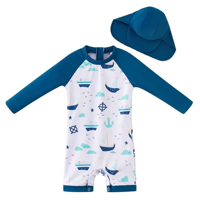 👶🌞 UMELOK Baby Badeanzug mit Sonnenhut UV Schutz Schwimmanzug für Baby Junge 3-6 Monate Blau Segelschiff