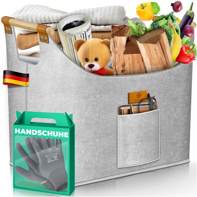 KESSER® Brennholzkorb 60 Liter | Kaminholztasche extra dicker Filz | Feuerholzkorb faltbar mit verstärkten Holzgriffen