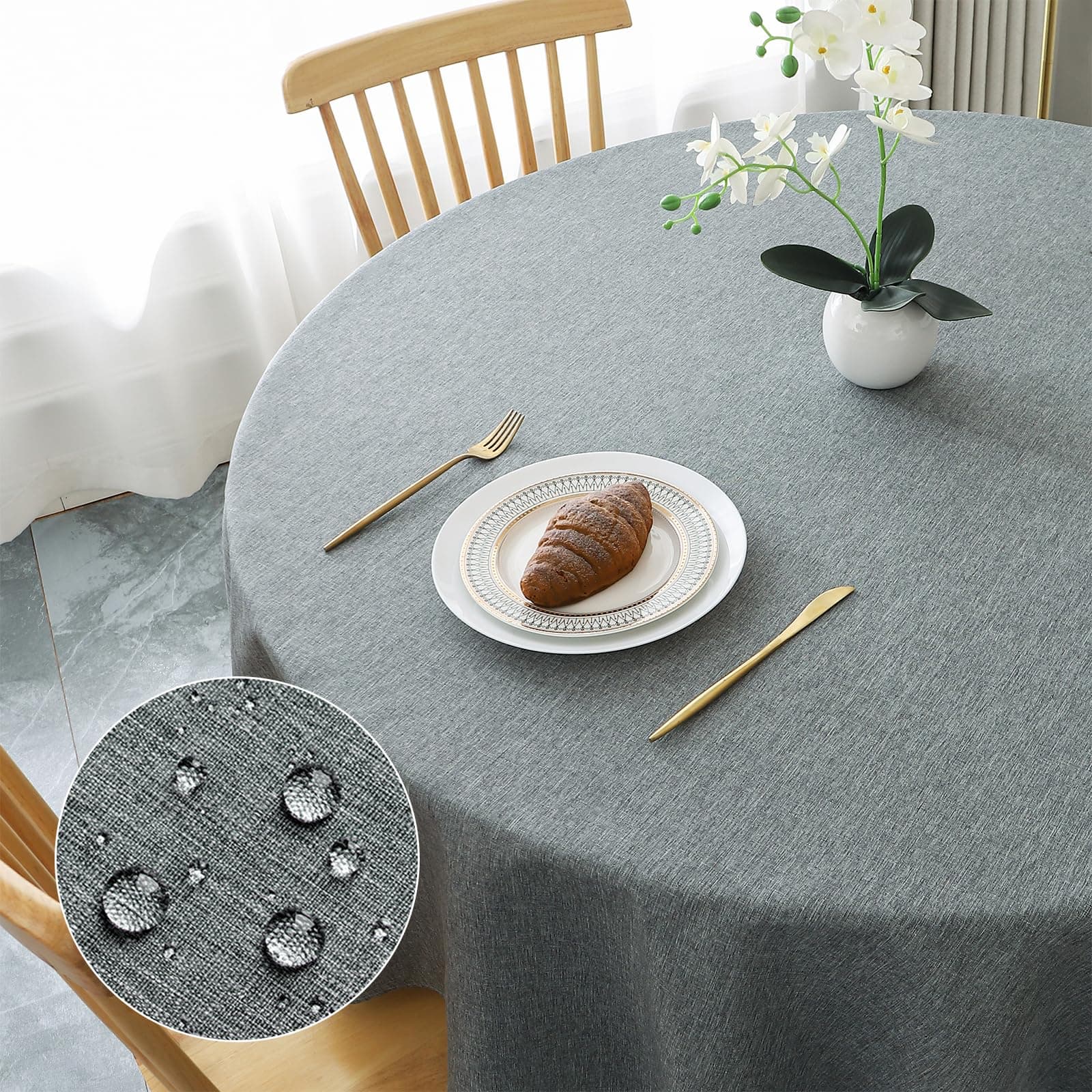 AooHome Tischdecke Rund Φ160cm, Grau Leinen-Optik Tischdecken Abwaschbar Tischtuch