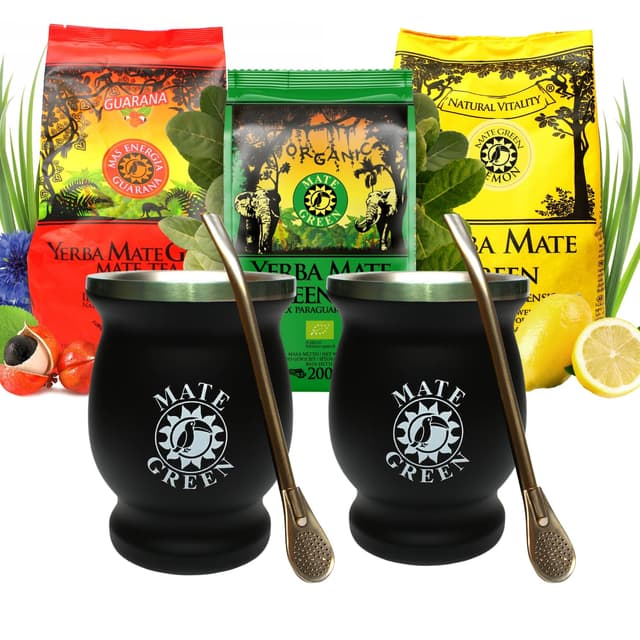 Yerba Mate-Tee 'Mate Green' Set mit Guarana 200g | BIO 200g | Zitrone 200g | Stahlbecher und Trinkhalm