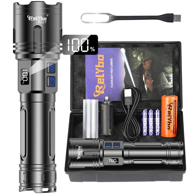 Relybo Taschenlampe LED Aufladbar 1000000 Lumen, LED Taschenlampe Extrem Hell XHM90.2 Batteriebetrieben USB