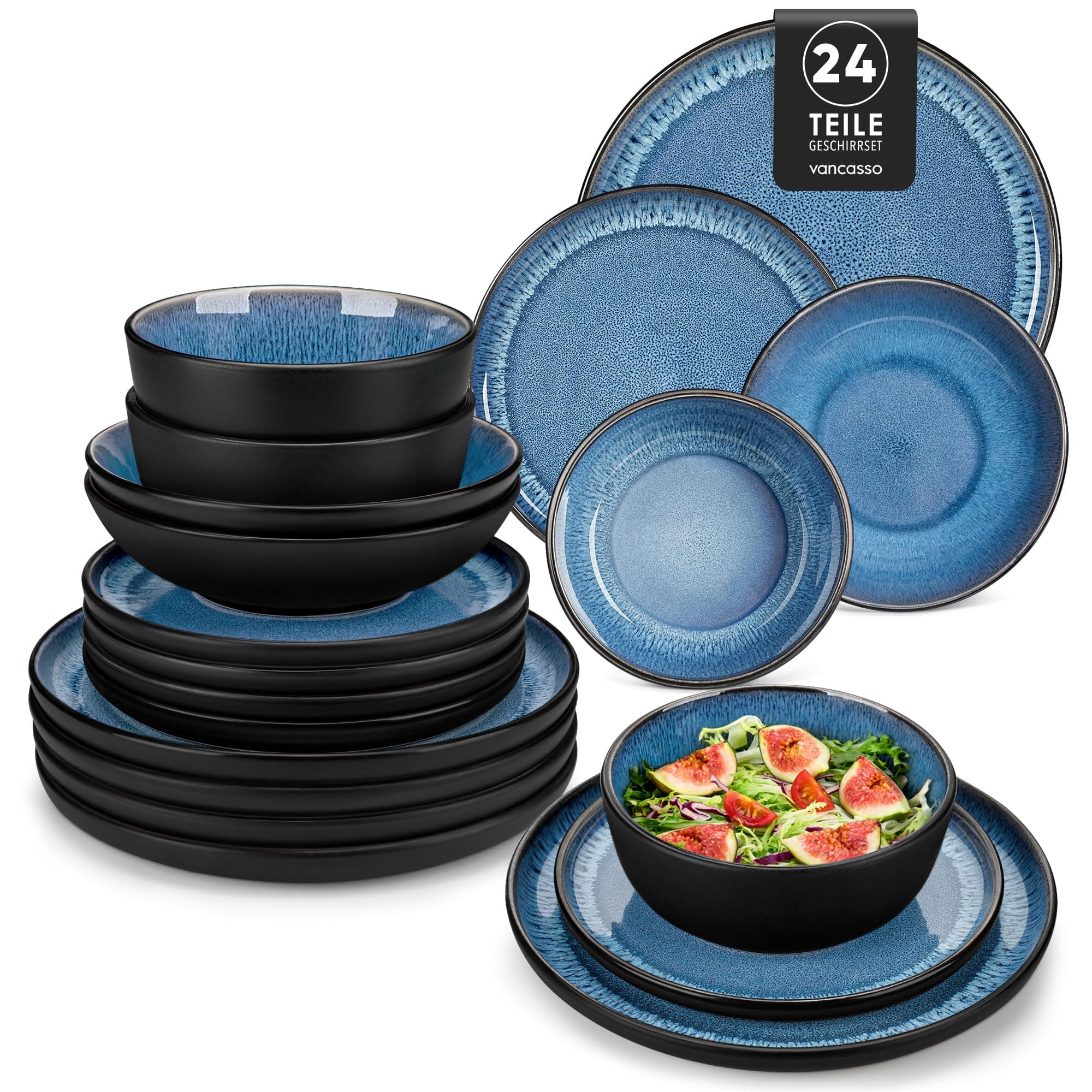 vancasso PLAYA Steingut Geschirrset 24tlg | 6 Personen | Blau Tafelservice 🍽️