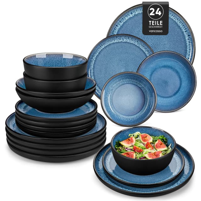 vancasso PLAYA Steingut Geschirrset 24tlg | 6 Personen | Blau Tafelservice 🍽️