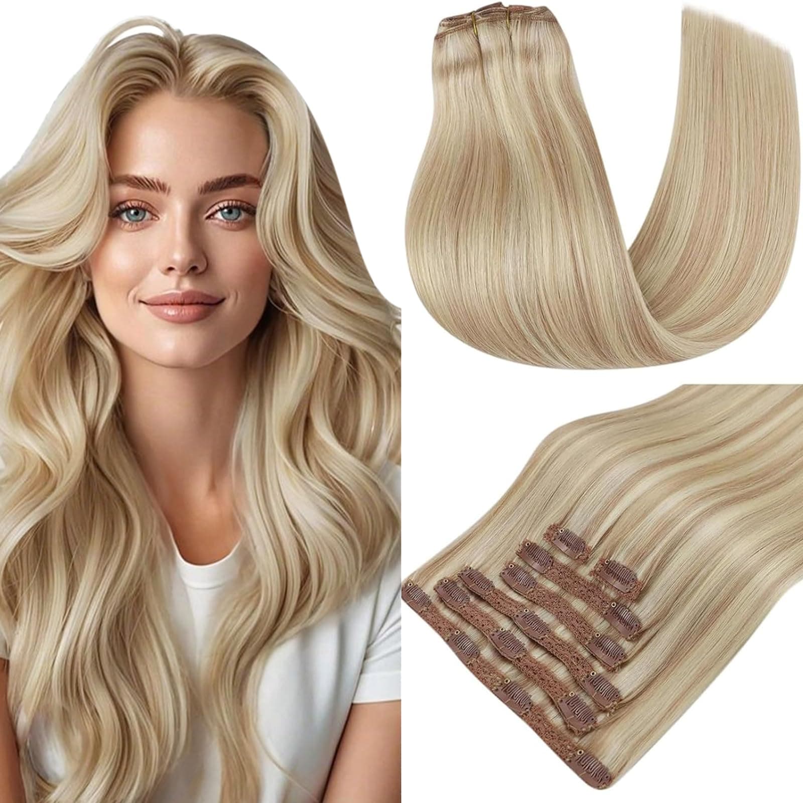 🌟 RUNATURE Extensions Echthaar Clip Blond Highlights 35cm 7 Stück Clip in Extensions Echthaar Aschblond Mit Platinblond Menschliches Haar Clip Extensions Echthaar Günstig 120g #18P60 35cm-7pcs #18P60