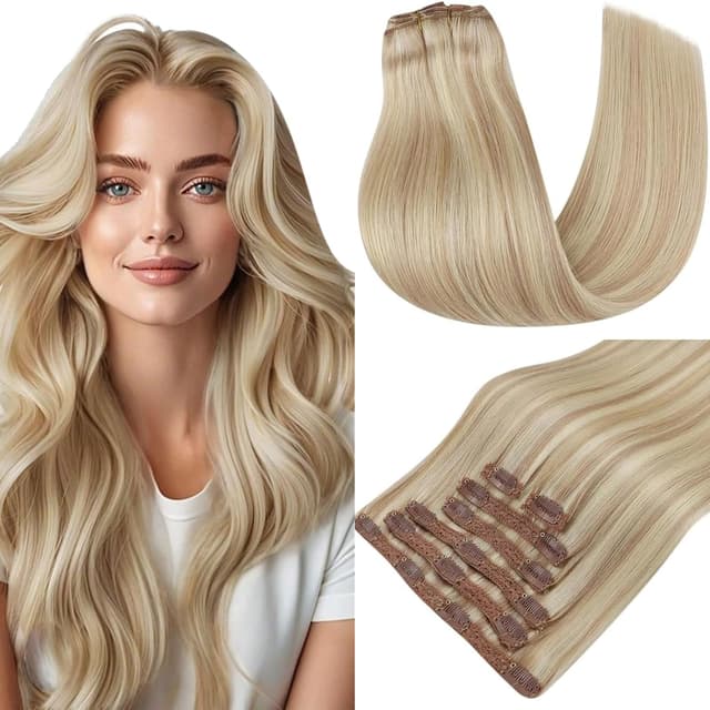 🌟 RUNATURE Extensions Echthaar Clip Blond Highlights 35cm 7 Stück Clip in Extensions Echthaar Aschblond Mit Platinblond Menschliches Haar Clip Extensions Echthaar Günstig 120g #18P60 35cm-7pcs #18P60