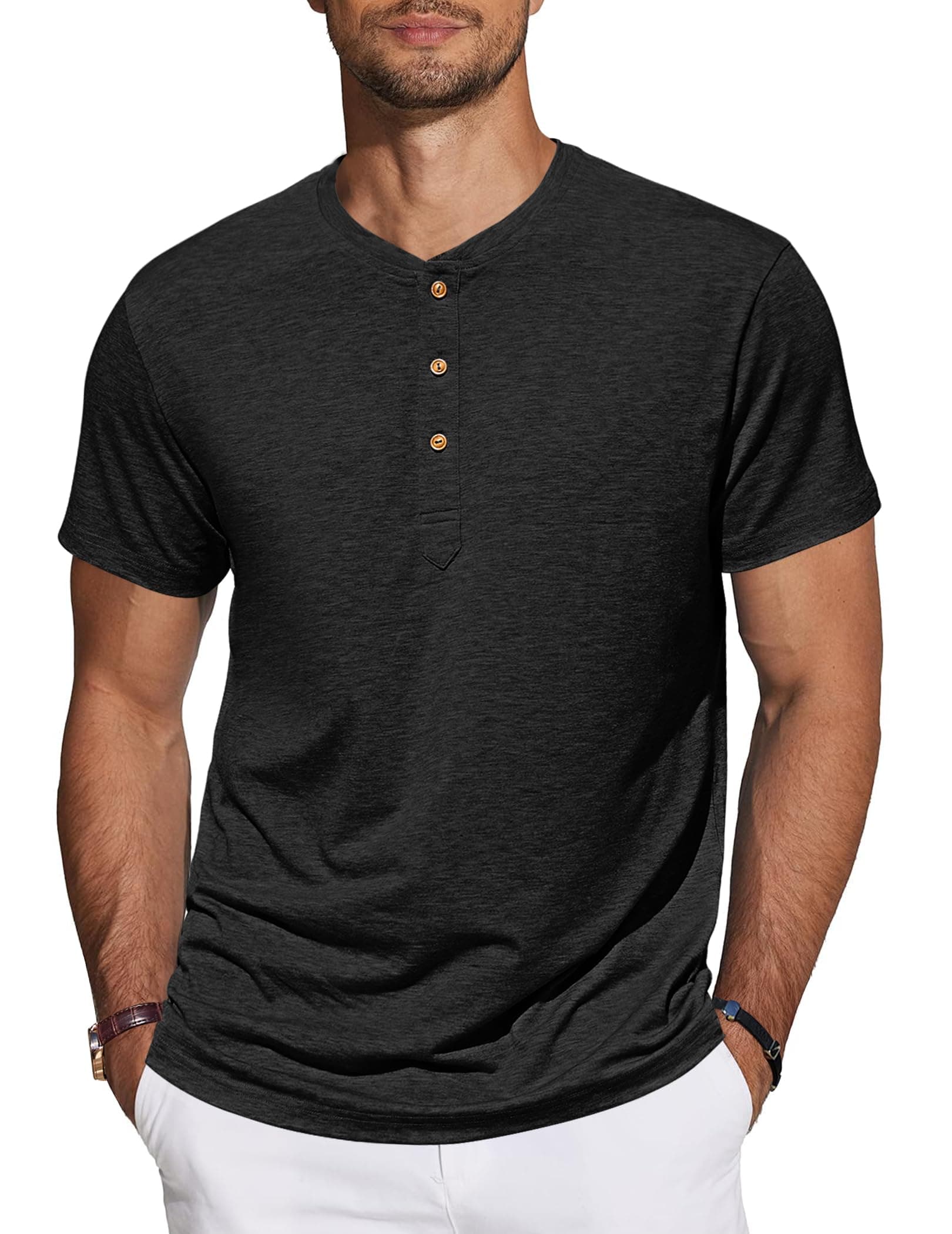 TARAINYA Henley Shirt Herren Baumwolle T-Shirt Kurzarm Sommer Männer 🌟 A Schwarz 4XL