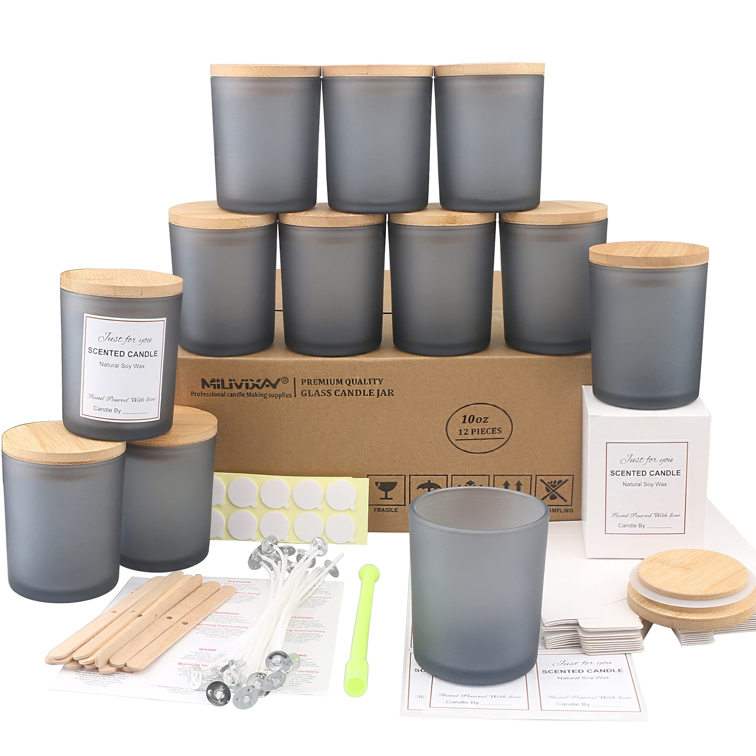 MILIVIXAY 12 Stück 284 ml Milchglas-Kerzengläser mit Deckel und Kerzenherstellungs-Kits