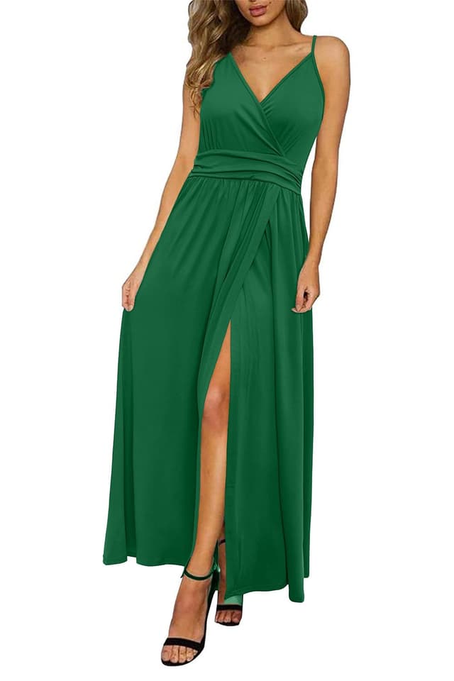 👗 Sommerkleid Damen Lang Maxikleid V Ausschnitt Spaghettiträger L Dunkelgrün