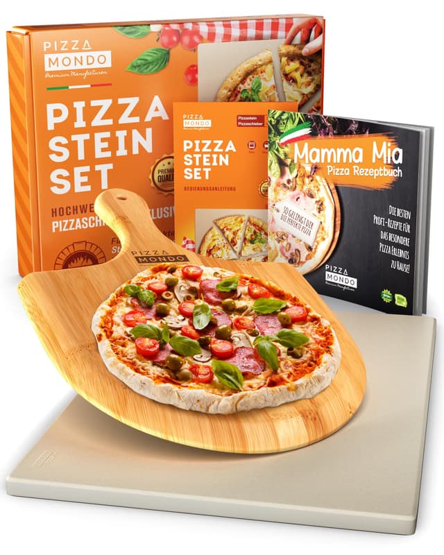 Echter Cordierit Pizzastein 38 x 30 cm für Backofen, Grill & Gasgrill - Set mit Pizzaheber & Rezeptbuch 🍕🔥