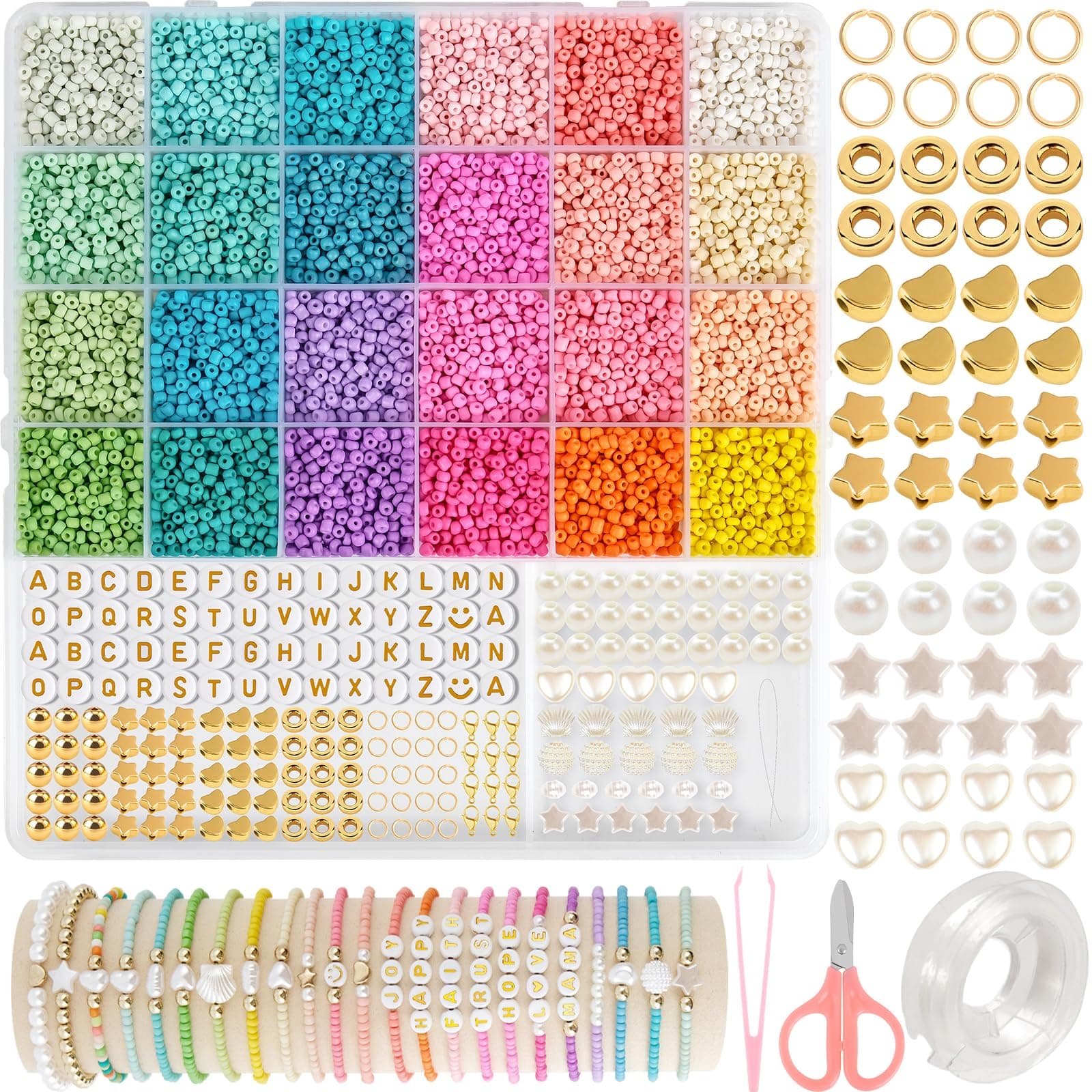 3mm Perlen für Armbänder,Perlen Zum Auffädeln mit Buchstabenperlen und Smiley,Bunte Glasperln Selber Machen Set für Armbänder Ketten Ringe,Glasperlen Kit für Kinder,DIY Bracelet Making Macaron